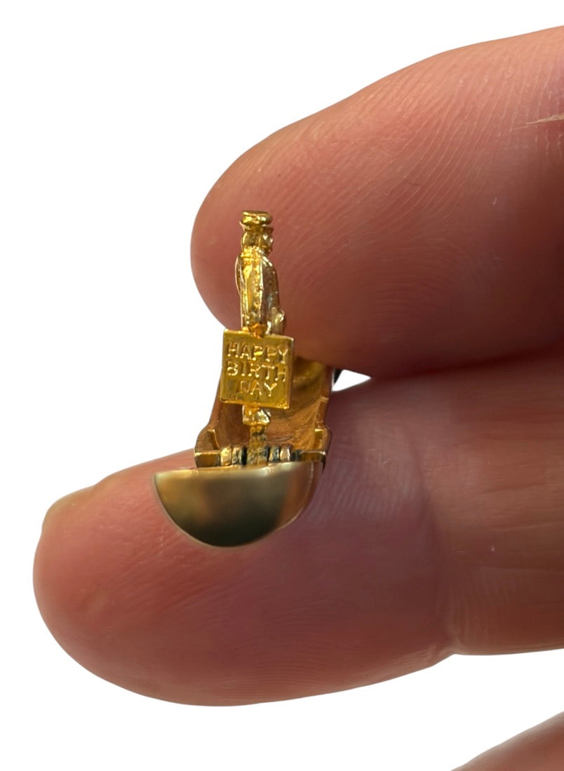 9ct vintage postbox charm opening with a postman holding a happy birthday card circa 1960