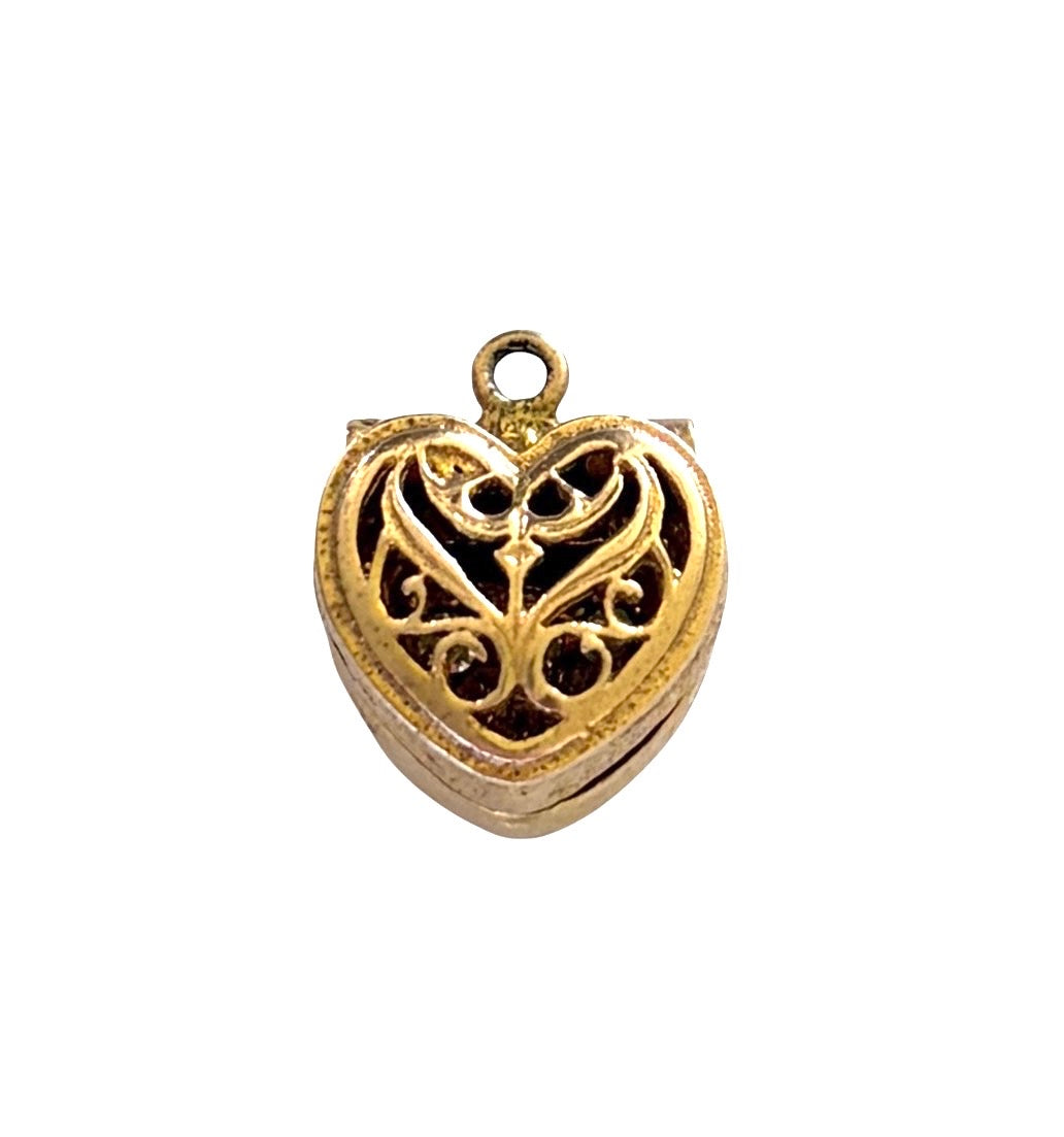 9ct vintage heart box charm, opening with a trilogy ring inside , 4.20g maker G&H
