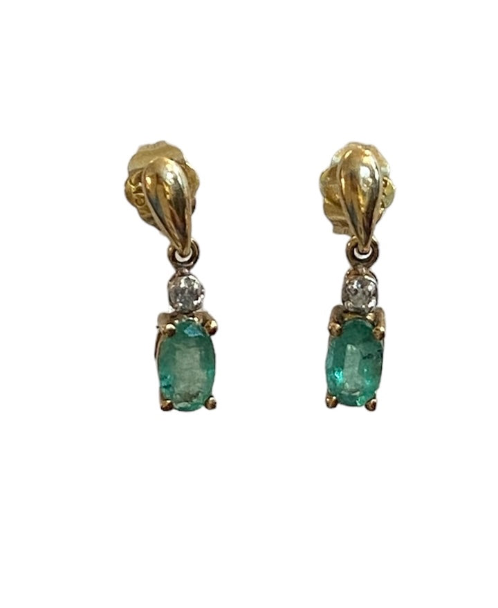 9ct vintage / pre loved emerald and diamond drop earrings