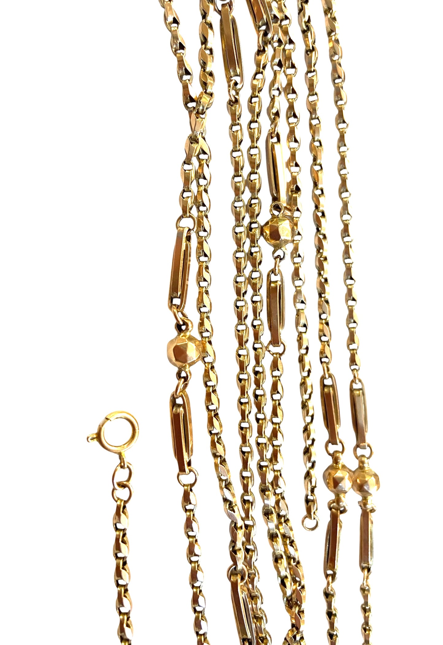 9ct antique long guard fancy chain, 60 inches long 30 grams