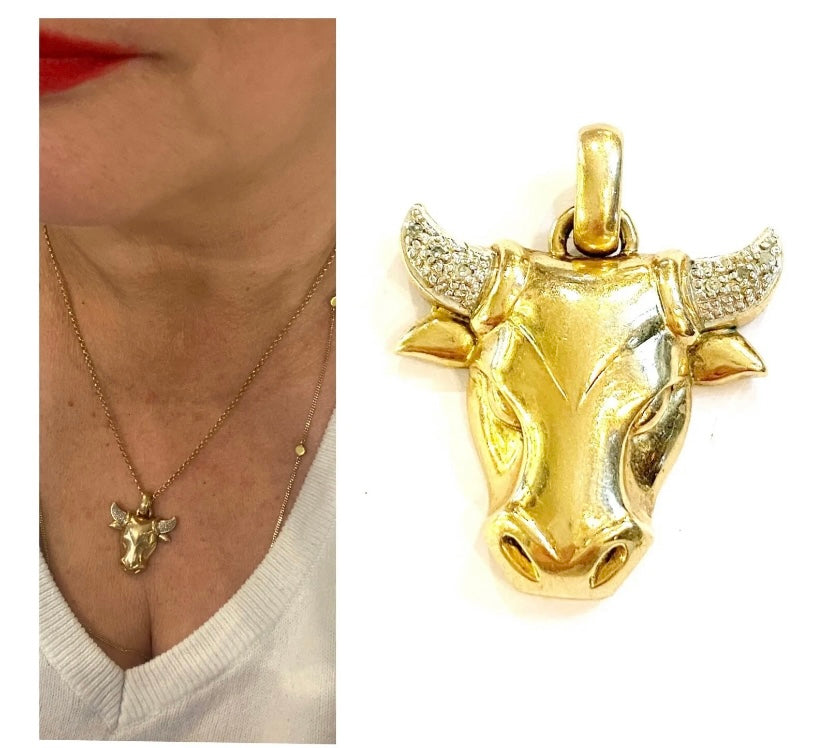 9ct vintage bull / taurus pendant with diamond horns 4.9g