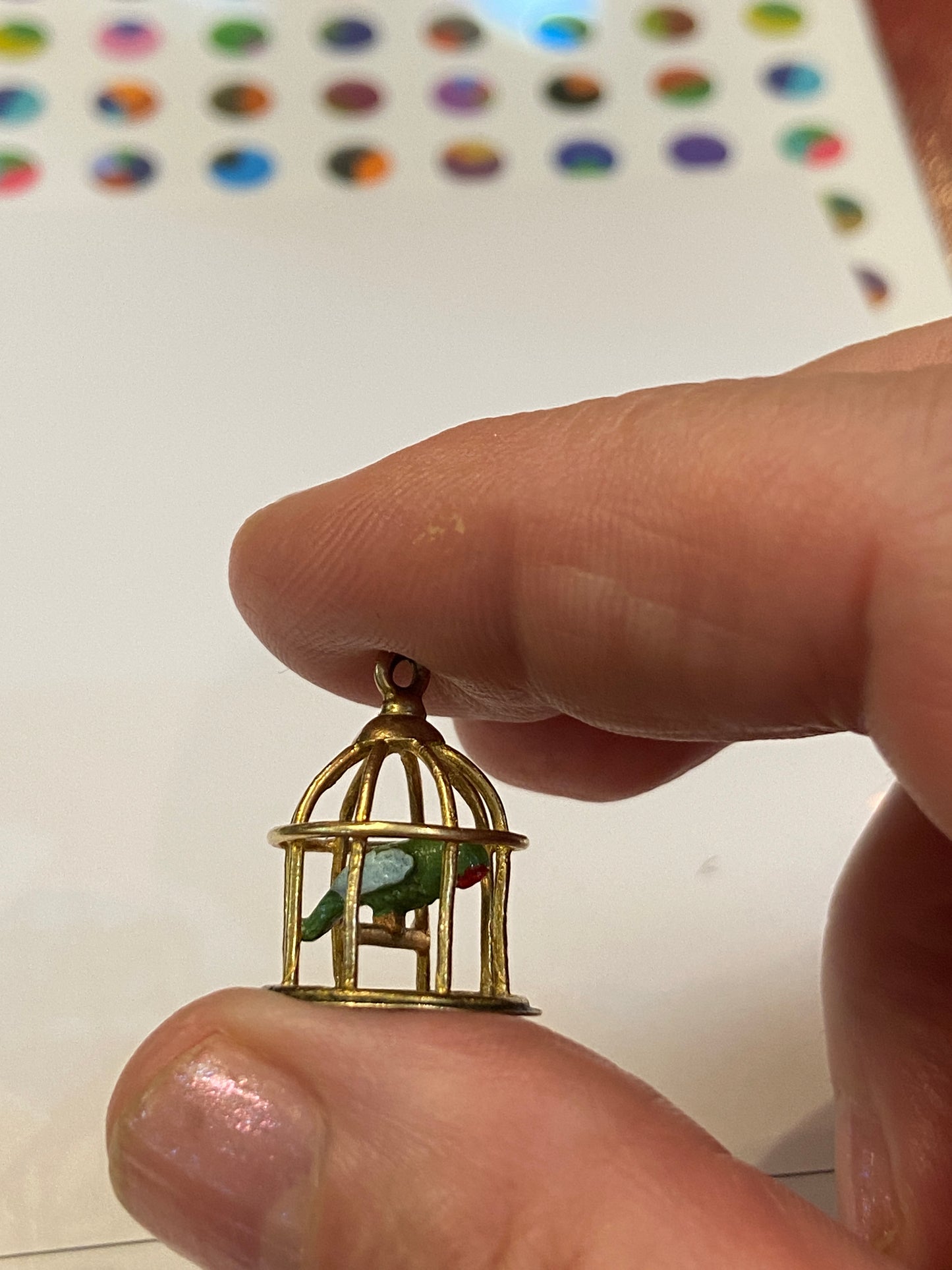 9ct vintage bird cage with an enamelled parrot inside circa 1969