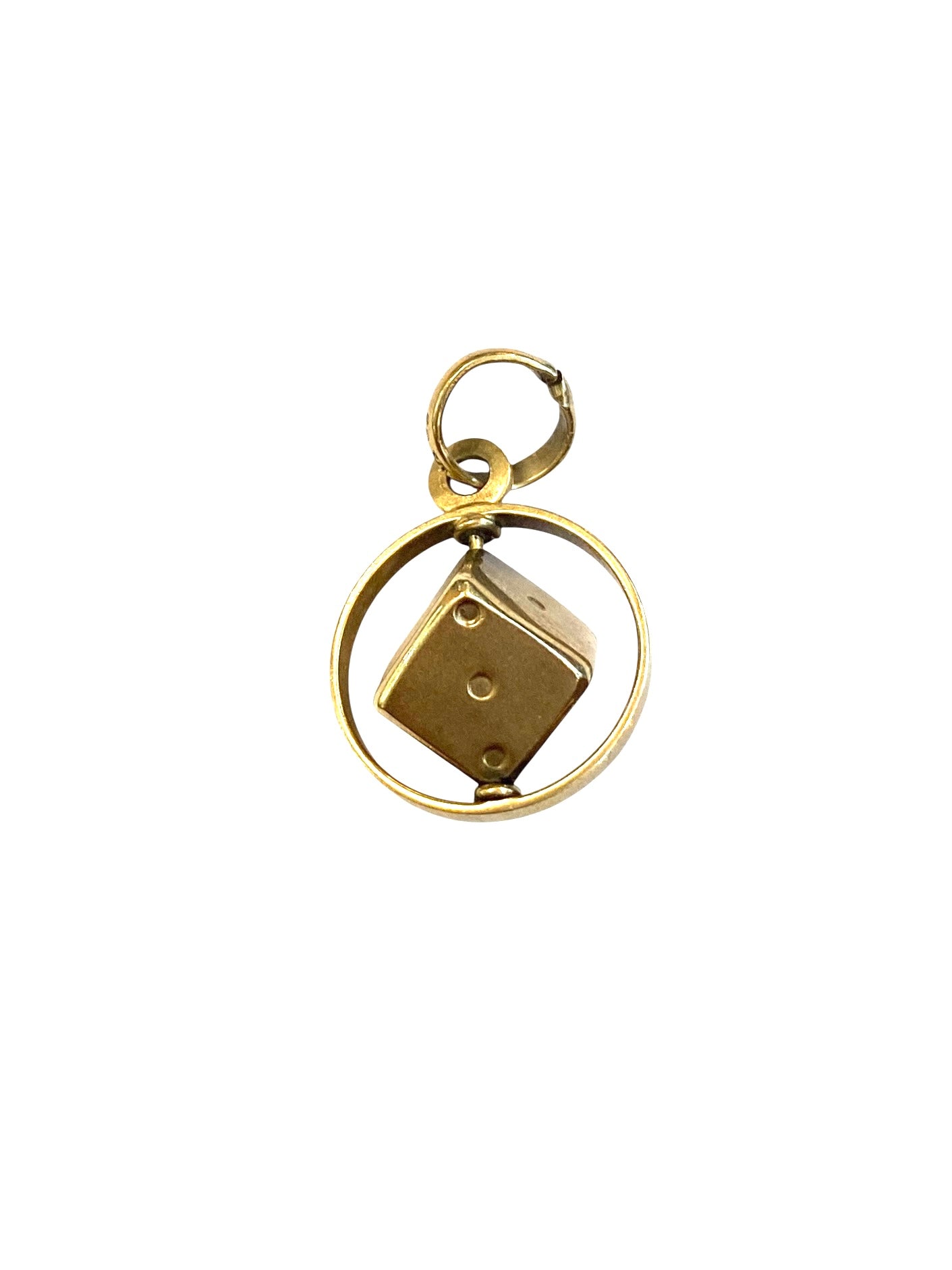 9ct vintage dice in disc charm / pendant. articulated maker STJ 2.4g circa 1978