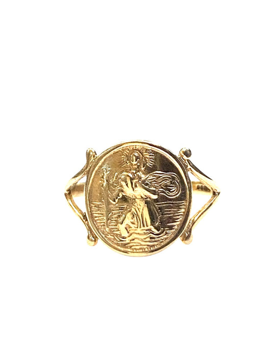 9CT VINTAGE ST CHRISTOPHER RING , SIZE S CIRCA 1985