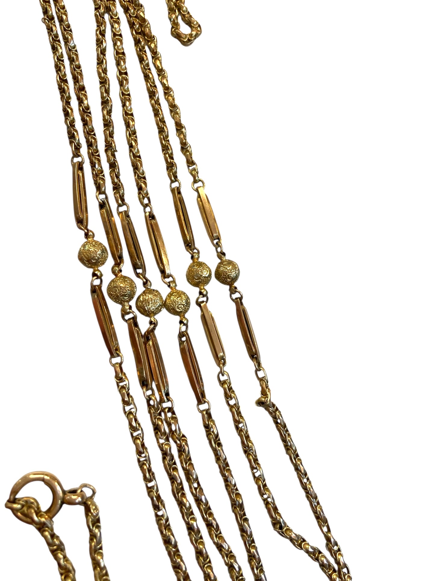 9ct Antique fancy link long guard chain. 57 1/2