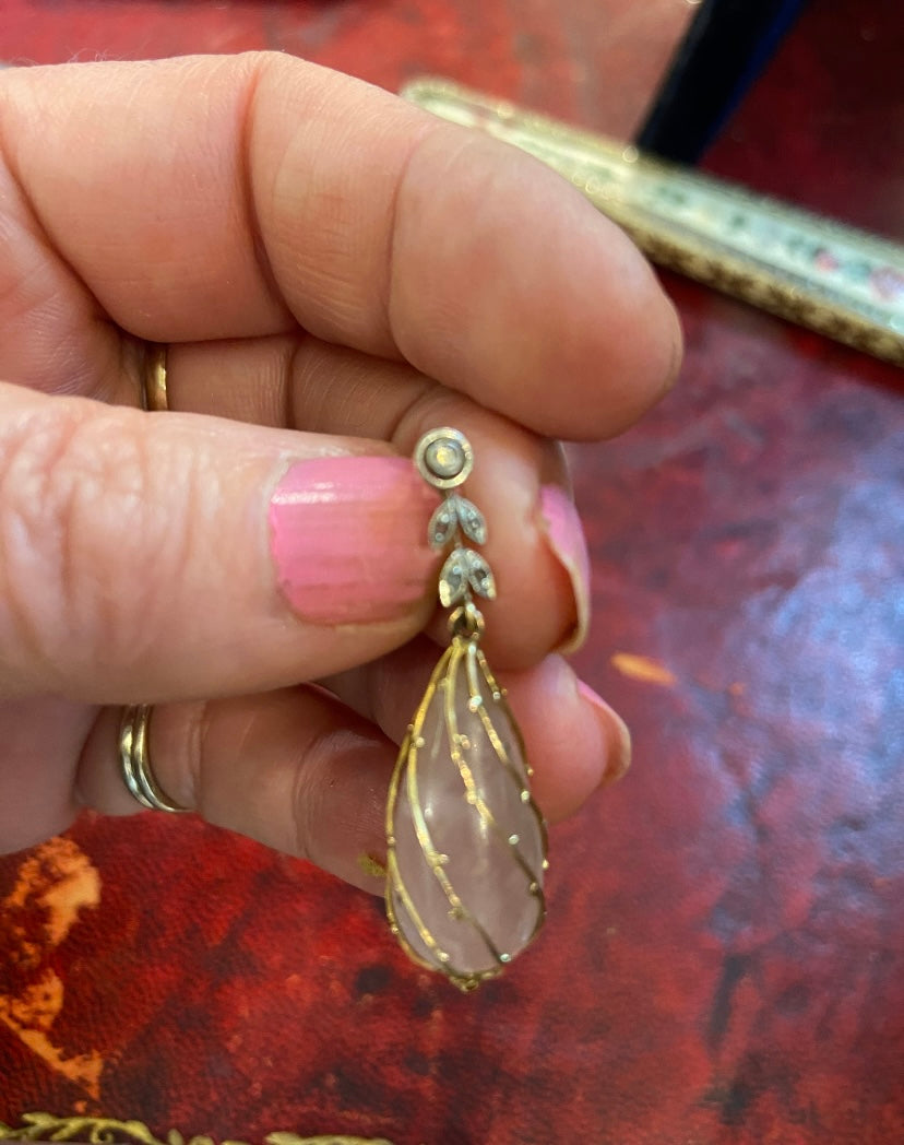 14ct 585 pre loved rose quartz drop earrings set in 14ct gold