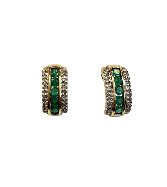 9ct vintage emerald and diamond half hoop earrings
