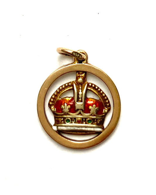 9ct vintage gold enamel crown charm, coronation year 1952