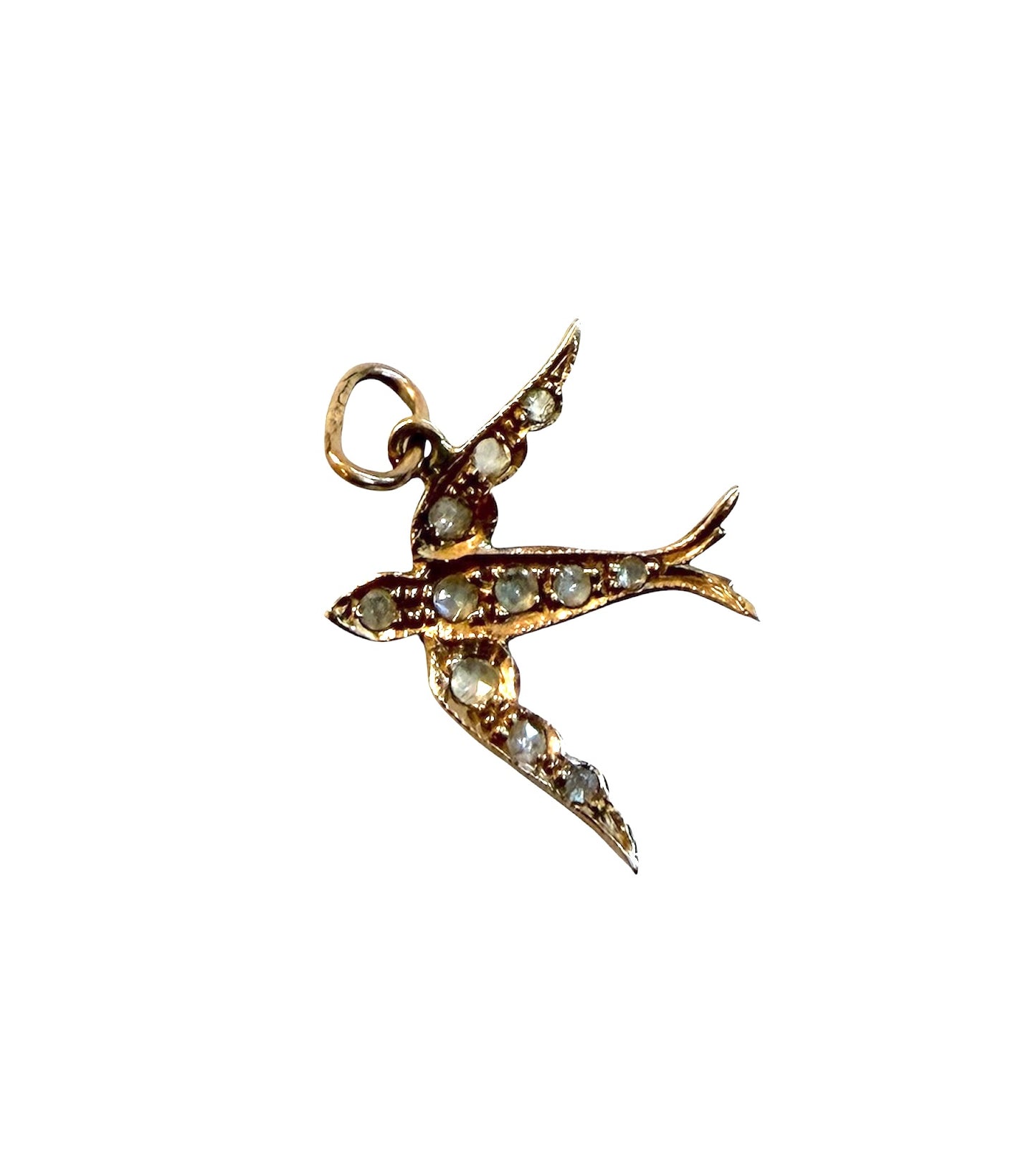 9ct vintage - preowned swallow / dove charm-pendant with rose cut diamonds.