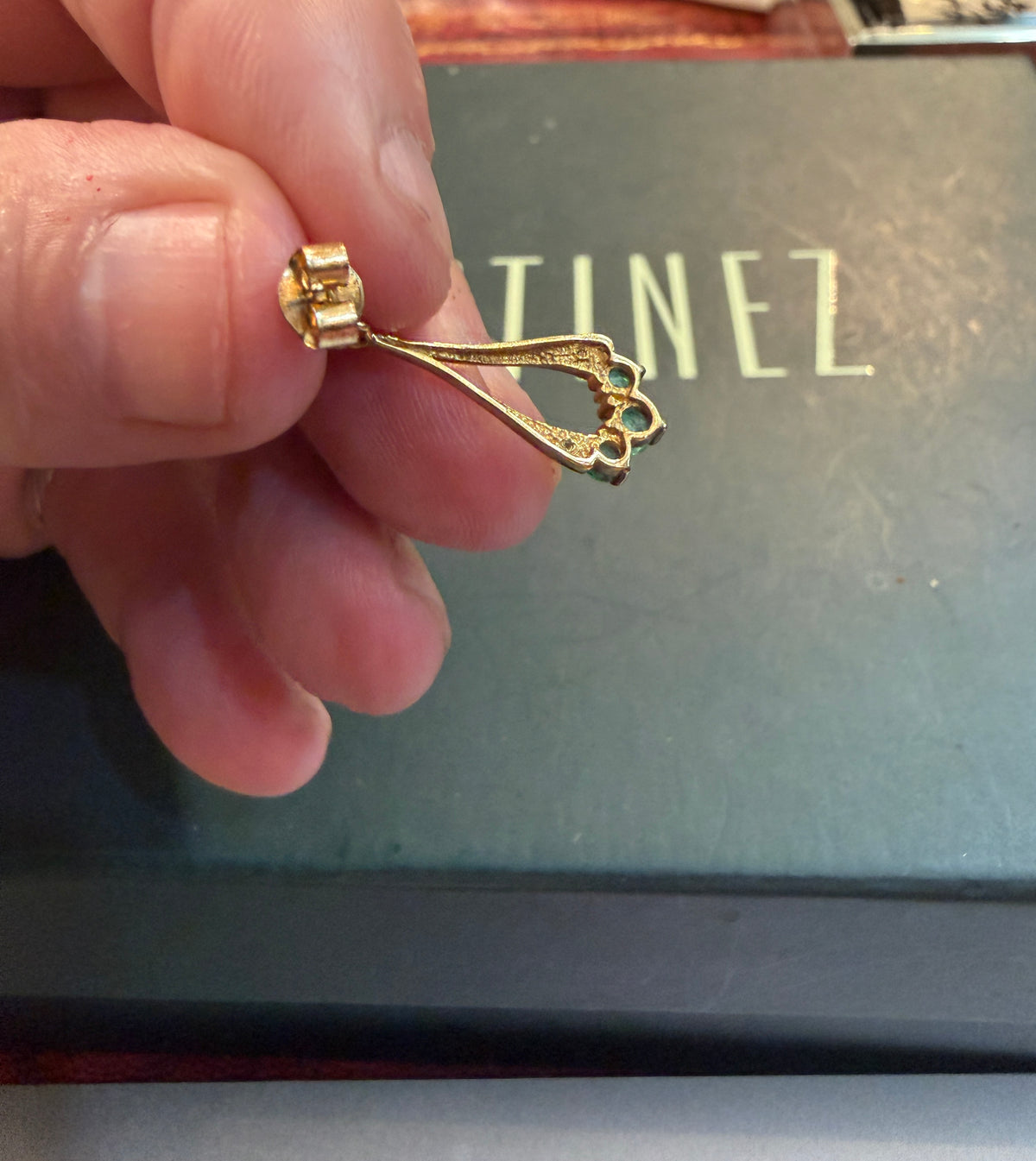 9ct vintage emerald drop earrings circa 1970 London,  1.7g
