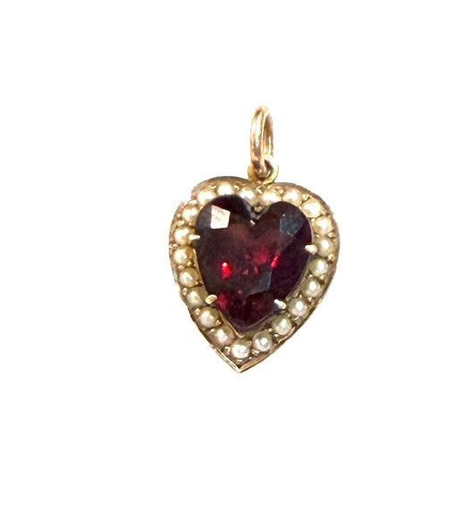9ct antique red stone and pearl heart charm pendant