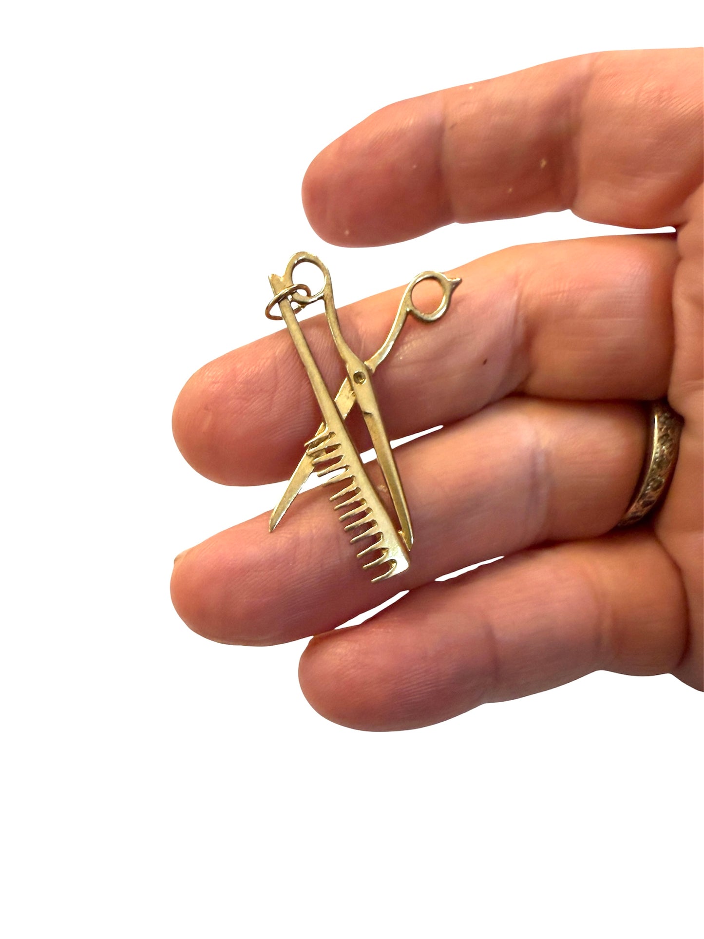 9ct vintage scissor and comb charm / pendant circa 1993 , maker OJ 2.43g