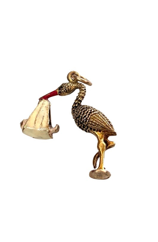 9ct vintage stork charm / pendant with baby. circa 1968 maker Georg Jensen 4.53g