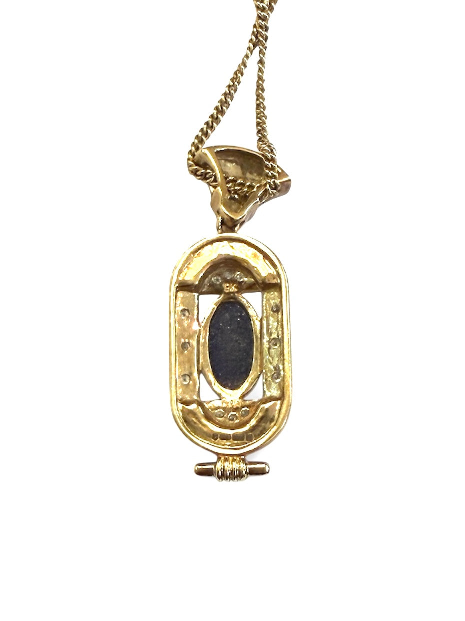 9ct vintage pendant and chain , lapiz and diamonds 16 3/4 inches