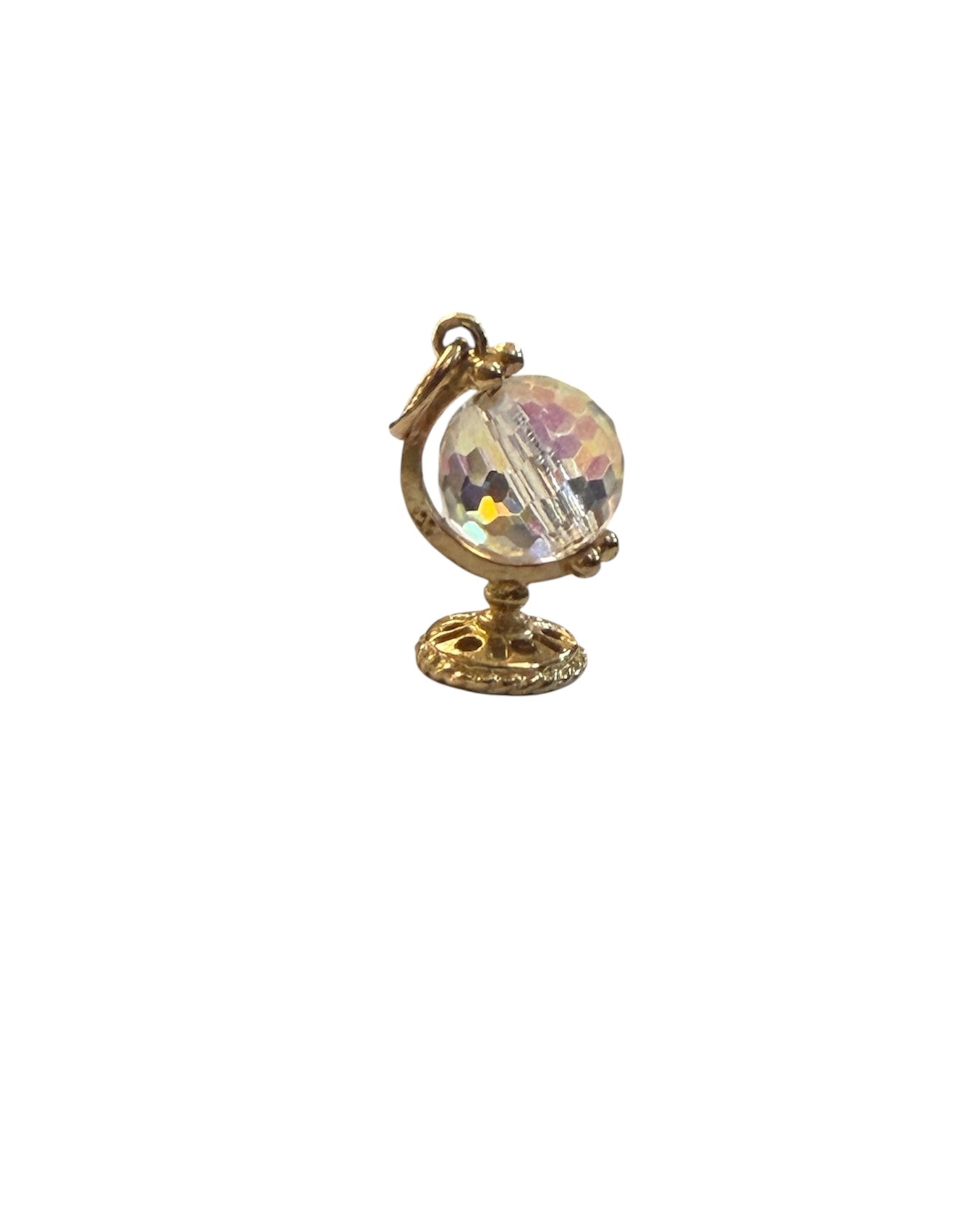 9ct vintage globe charm with crystal, rotating,