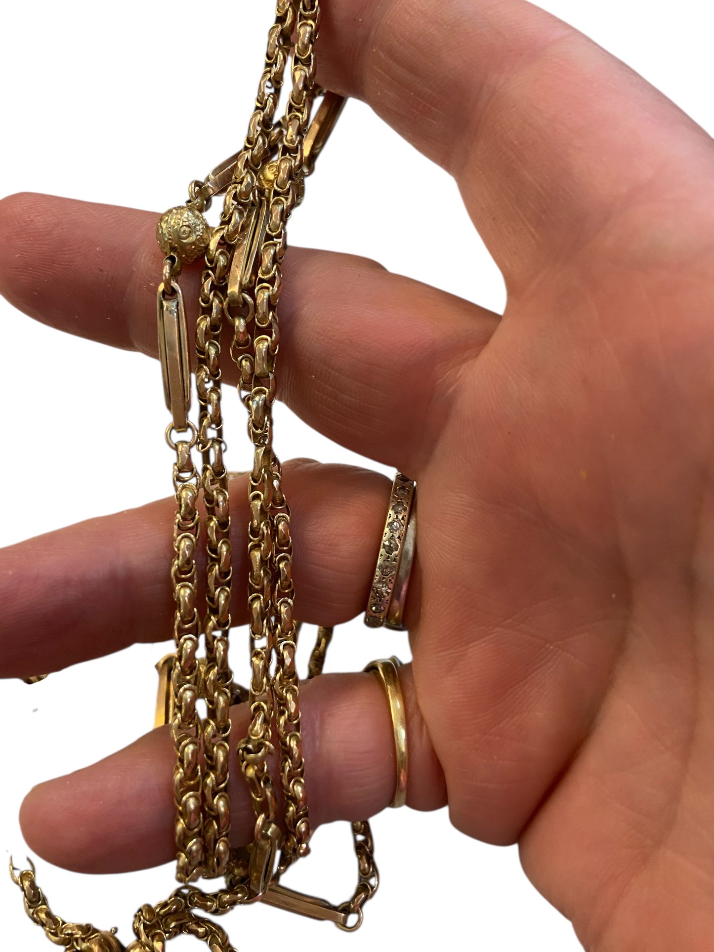 9ct Antique fancy link long guard chain. 57 1/2