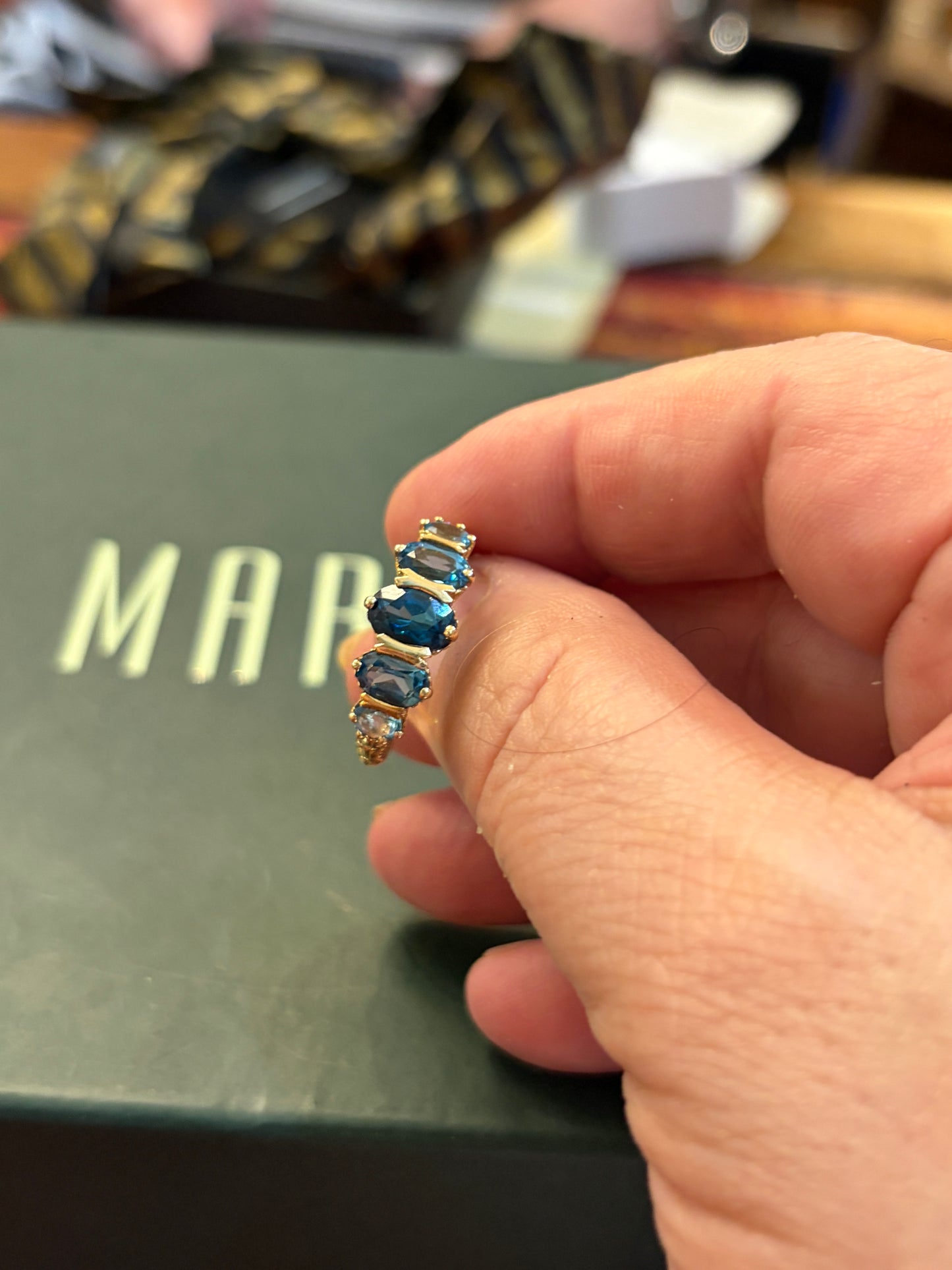 9ct vintage five stone topaz ring, size P maker GA