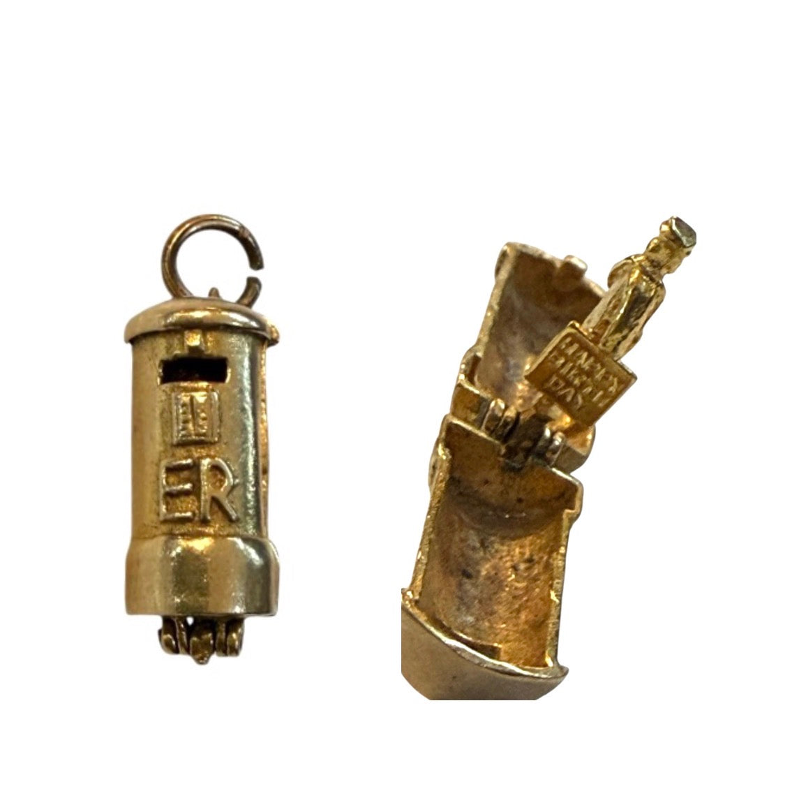 9ct vintage postbox charm opening with a postman holding a happy birthday card circa 1960