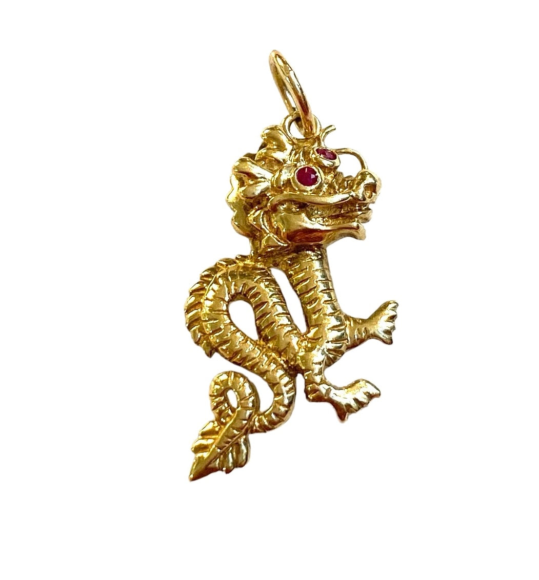 9ct vintage dragon chram / pendant . imperial dragon with ruby eyes