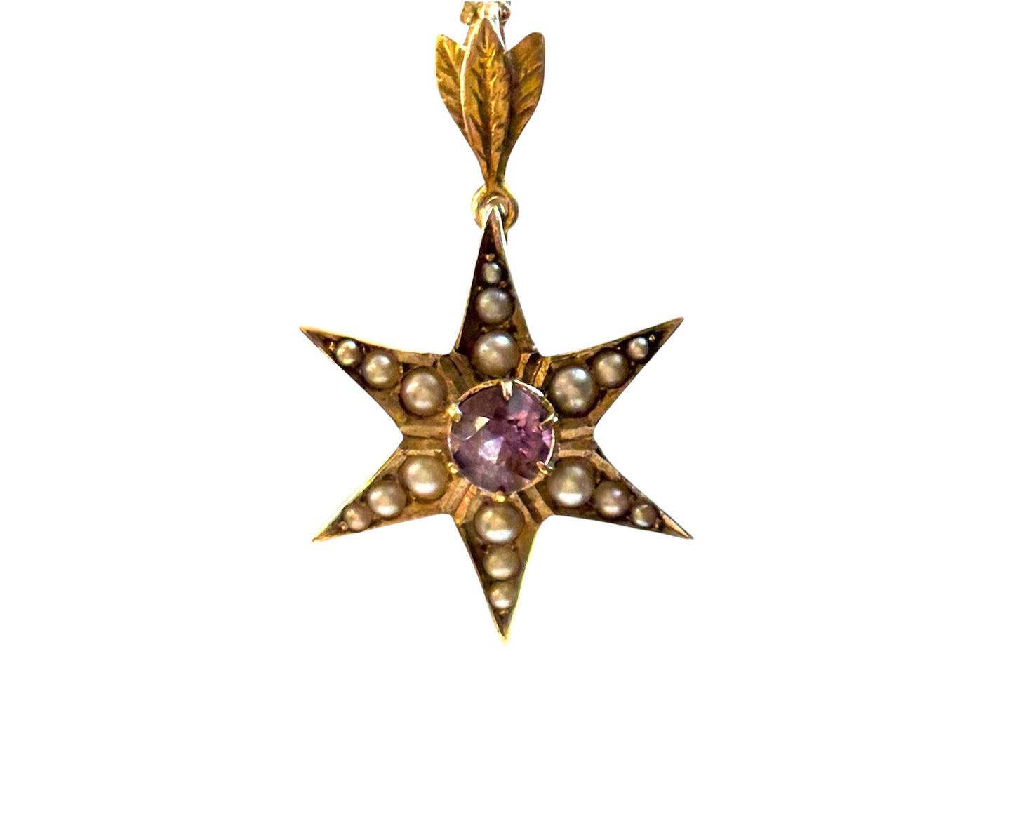 9ct vintage star pendant , with pearls and a central amethyst 3.05g