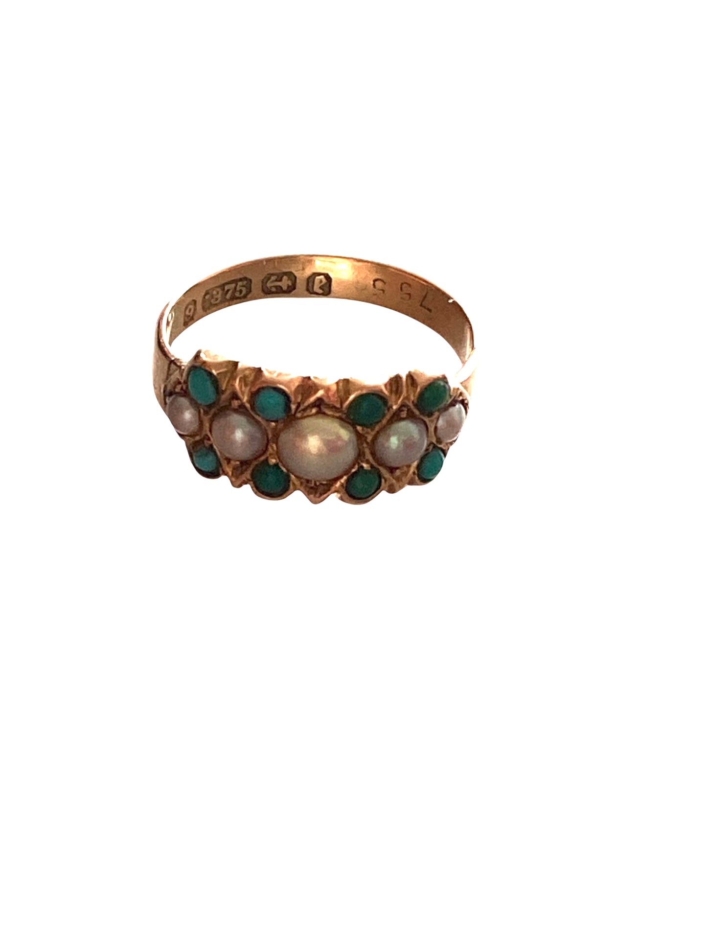 9ct victorian ring with turquoise and pearls, ring size I. circa 1879.