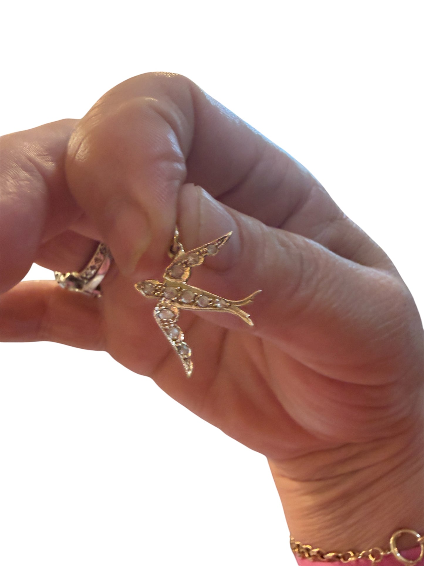 9ct vintage - preowned swallow / dove charm-pendant with rose cut diamonds.