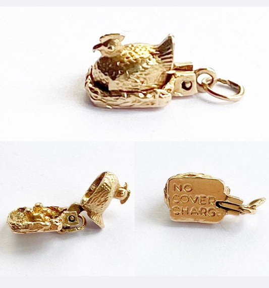 9ct vintage hen charm opening to reveal chicks inside