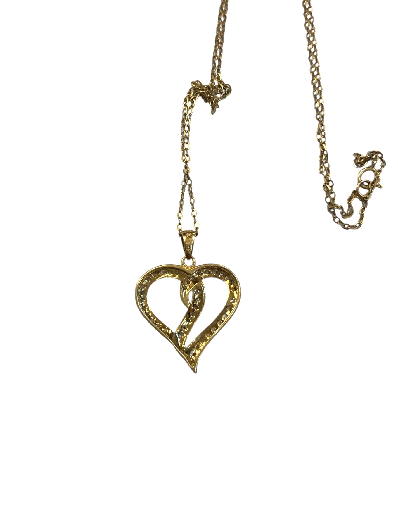 9ct vintage / pre owned double heart diamond pendant and 16 inch chain