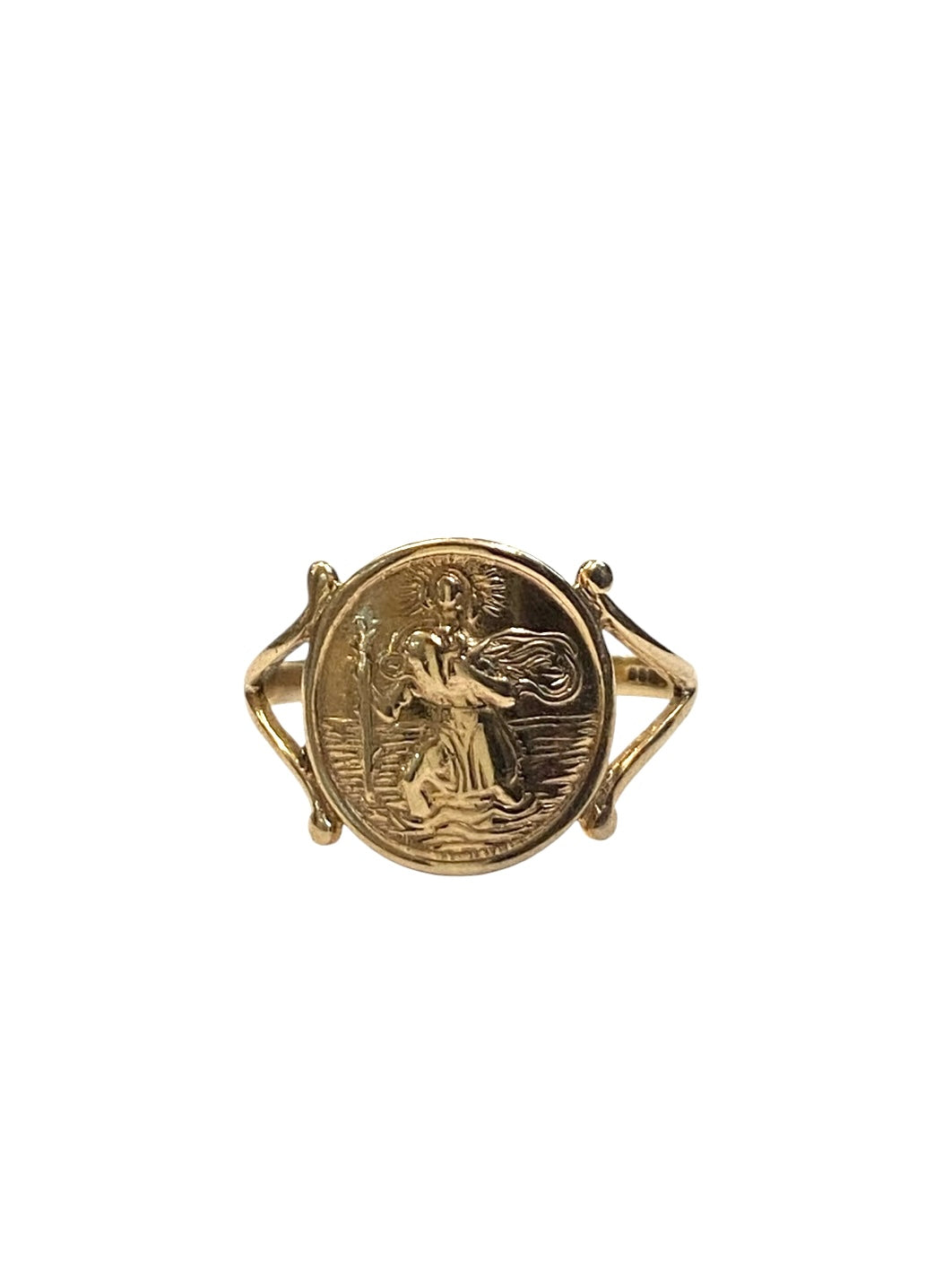 9CT VINTAGE ST CHRISTOPHER RING , SIZE S CIRCA 1985