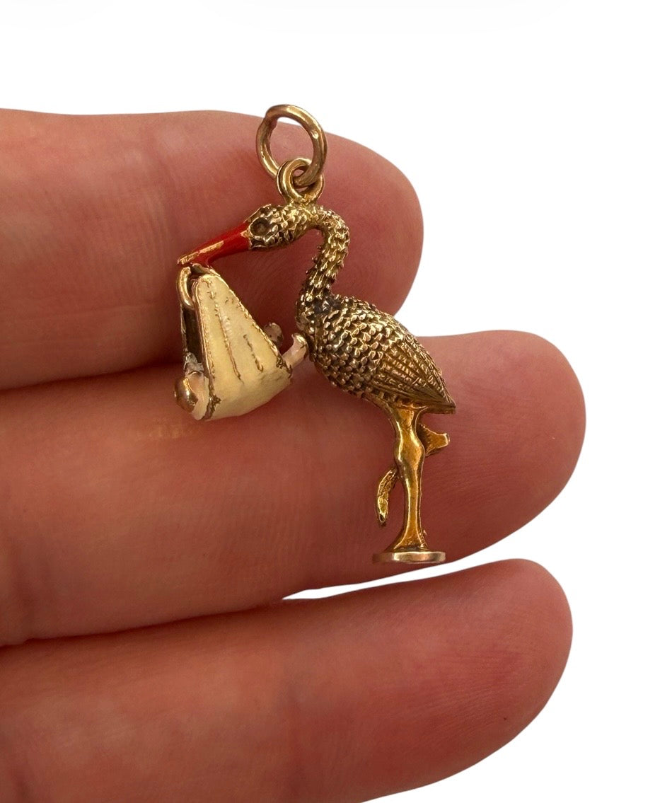 9ct vintage stork charm / pendant with baby. circa 1968 maker Georg Jensen 4.53g