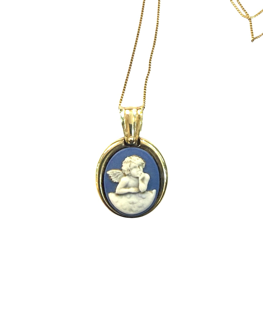 9ct vintage / preowned blue jasper guardian angel pendant and chain