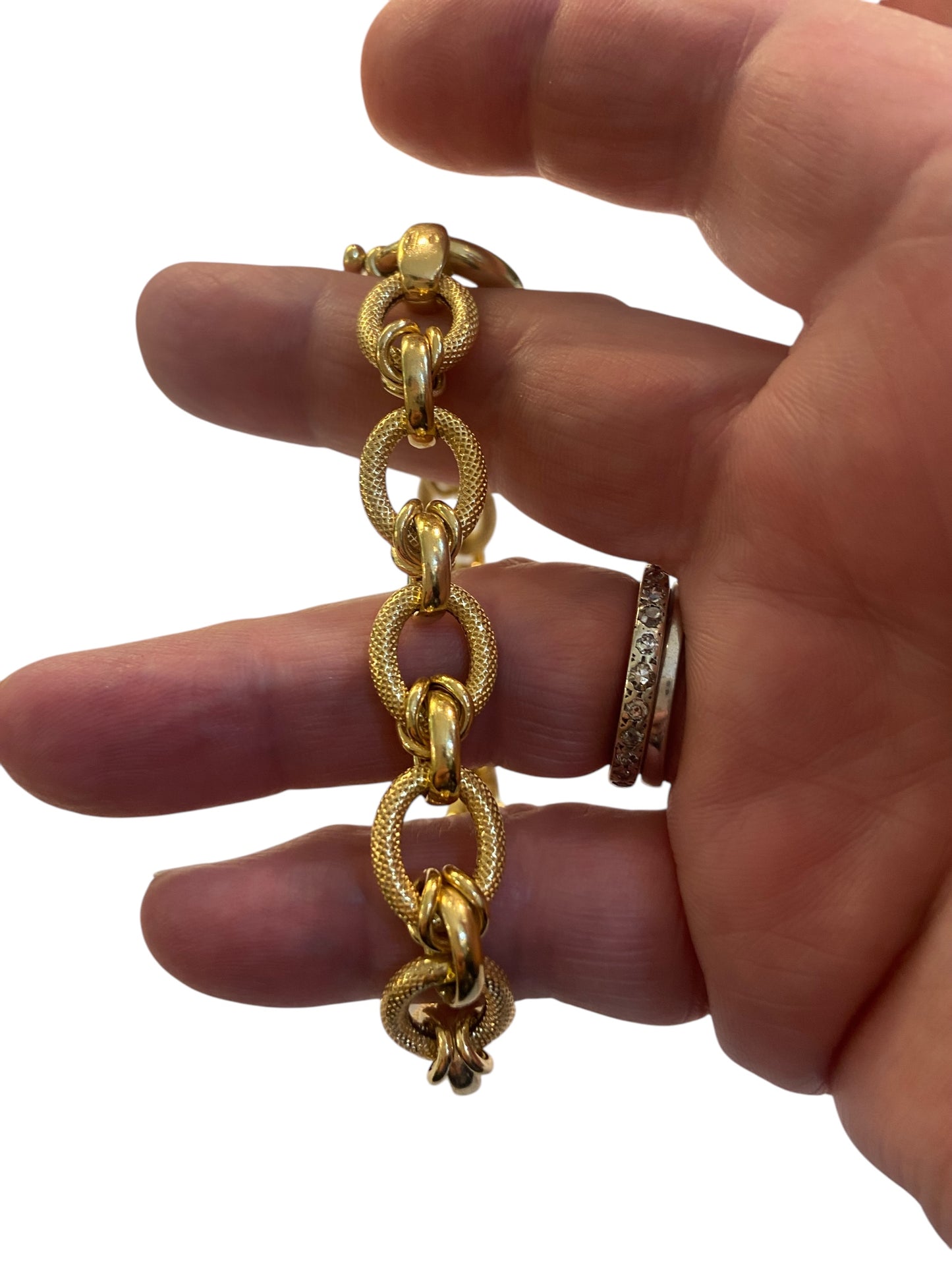 9ct pre owned fancy link bracelet. hollow. 16.1g