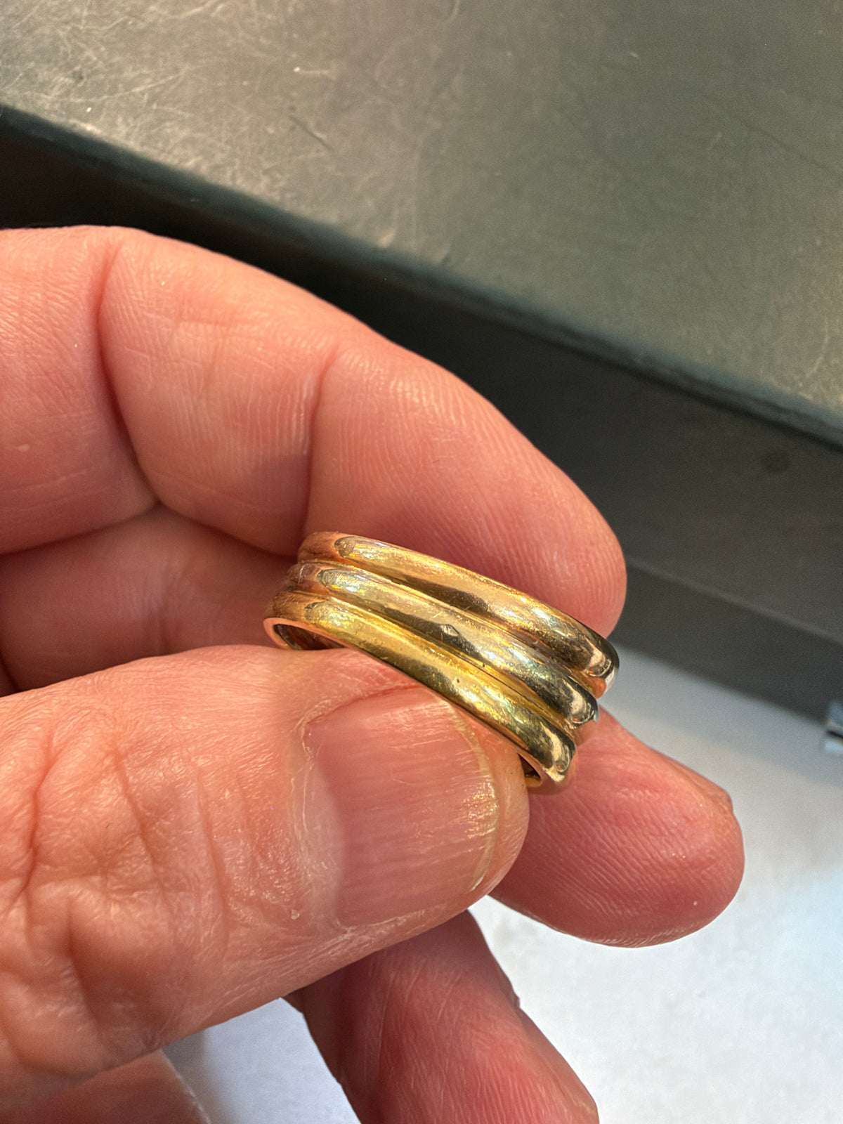 18ct vintage french ring, three colour gold and diamond. ring size M 1/2