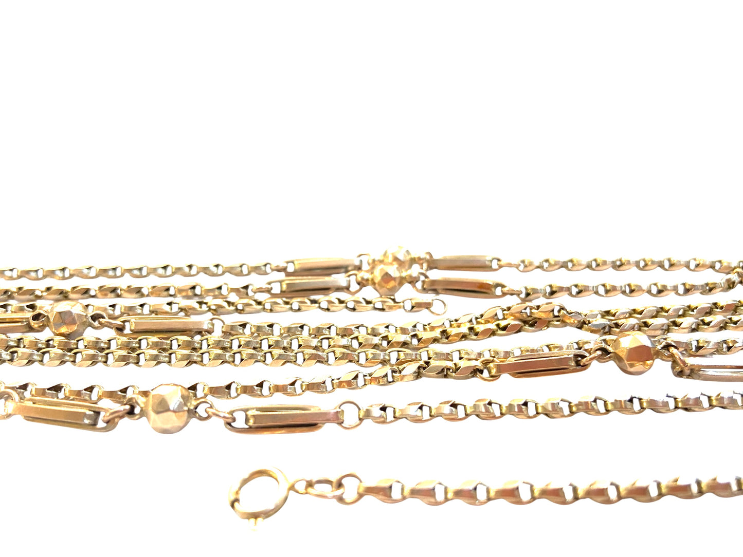 9ct antique long guard fancy chain, 60 inches long 30 grams