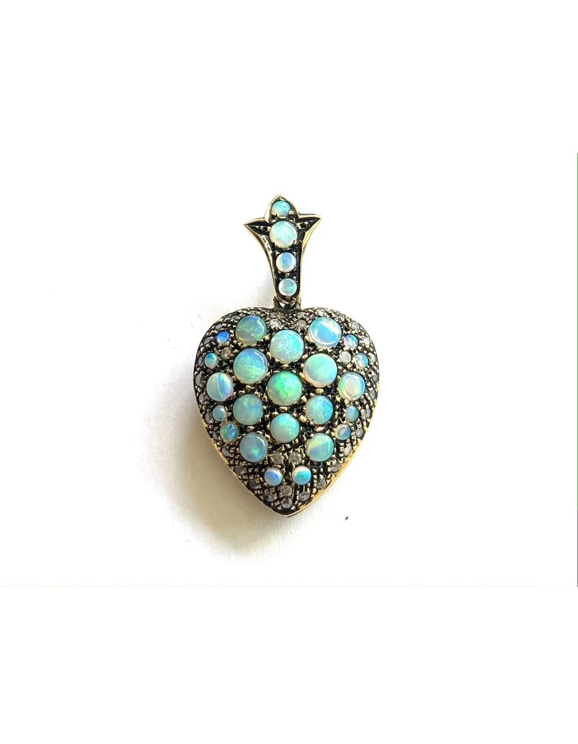 9ct gold preloved heart shape opal and diamond pendant locket