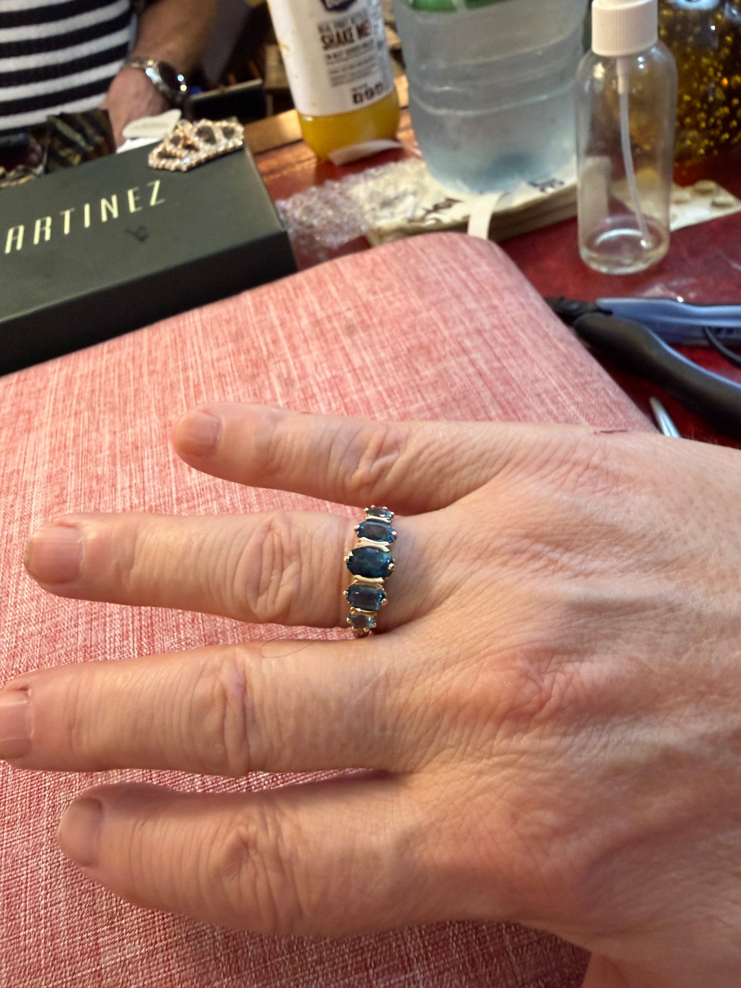 9ct vintage five stone topaz ring, size P maker GA