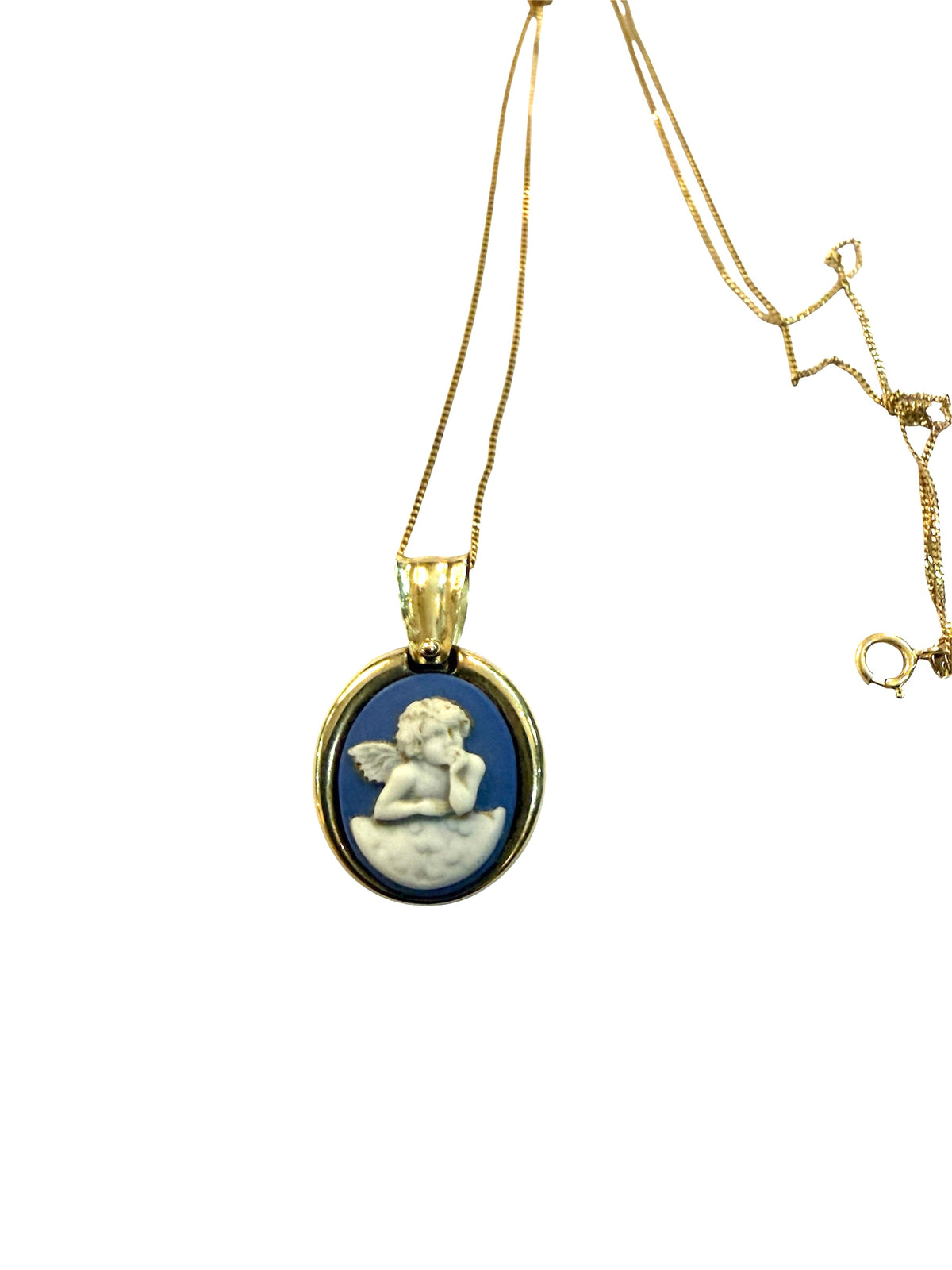 9ct vintage / preowned blue jasper guardian angel pendant and chain
