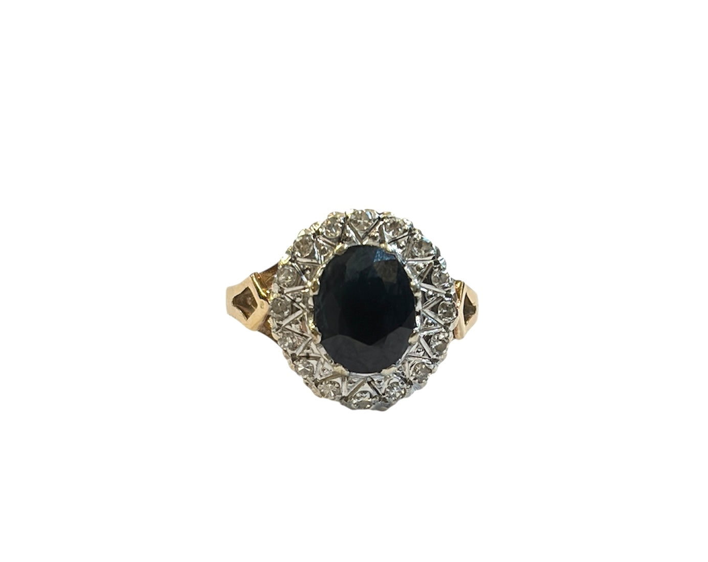 9ct vintage large sapphire and diamond ring size M 1/2 circa 1981