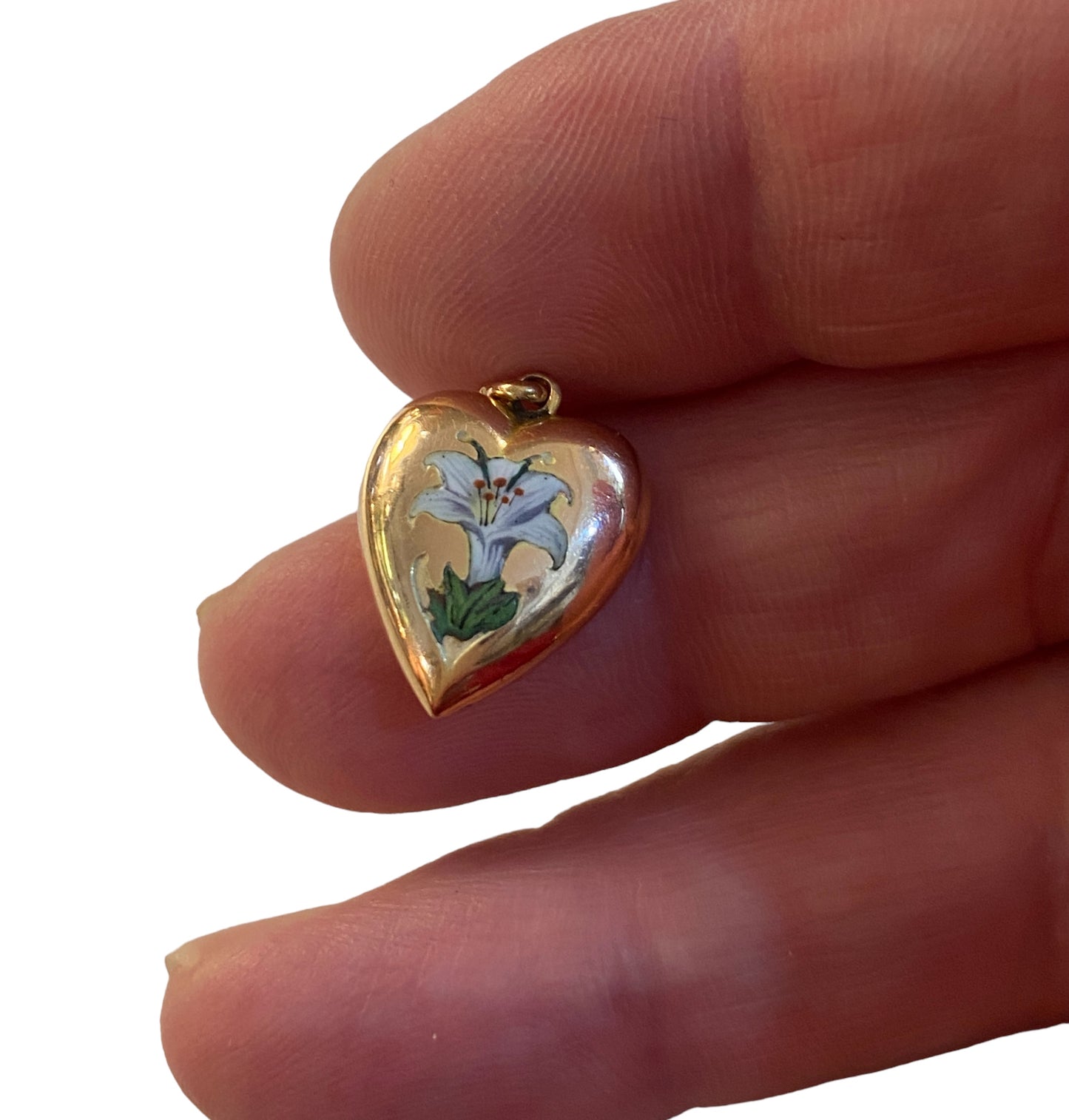 9ct Antique hollow heart pendant /charm with an enamel Lily flower