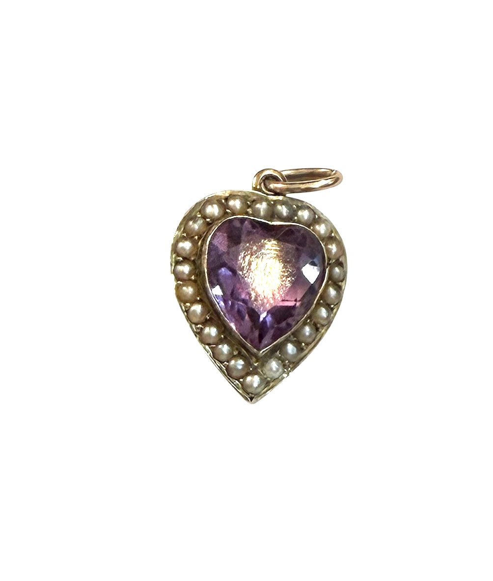 9ct antique heart charm pendant with amethyst and seed pearls