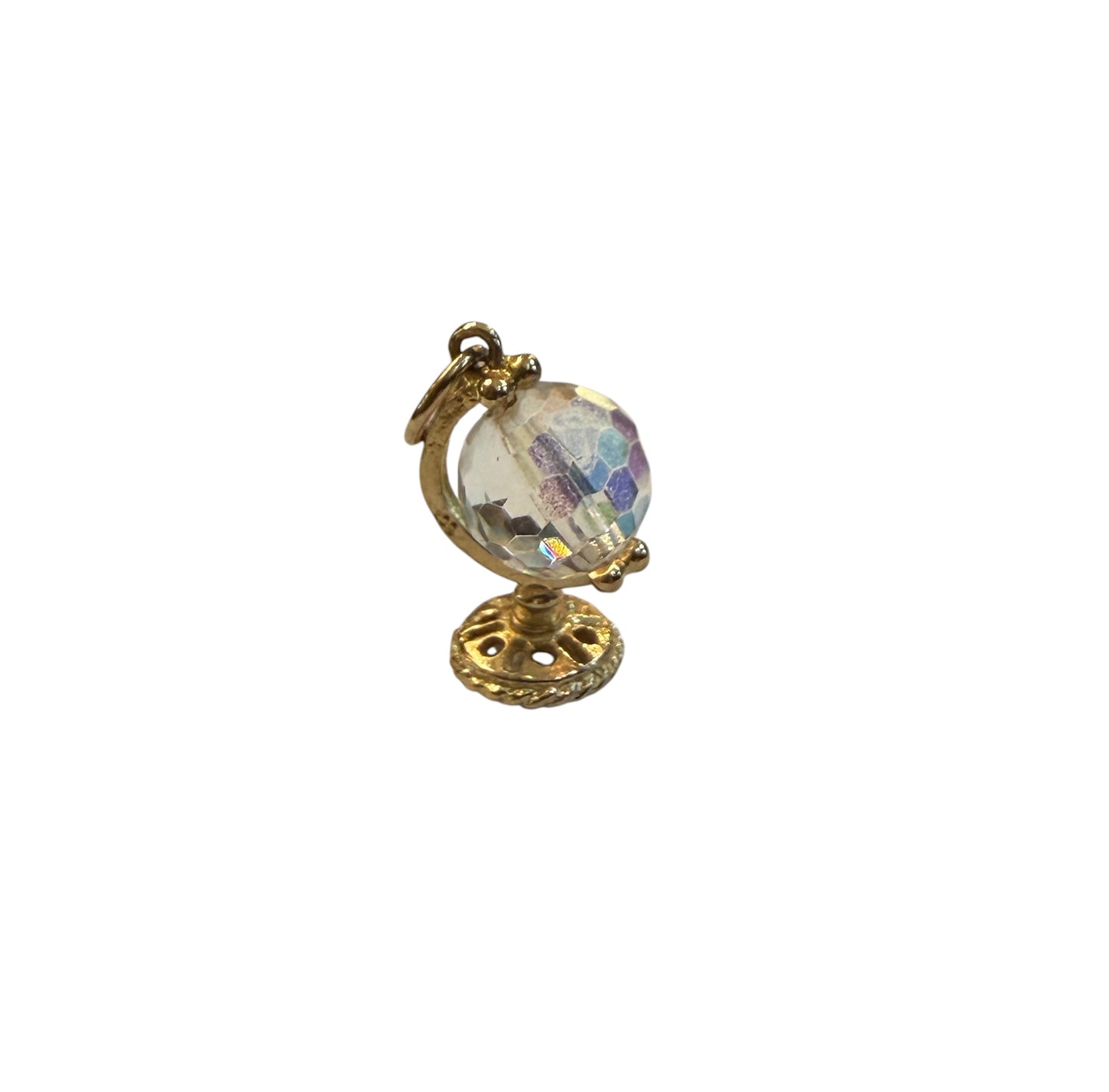 9ct vintage globe charm with crystal, rotating,