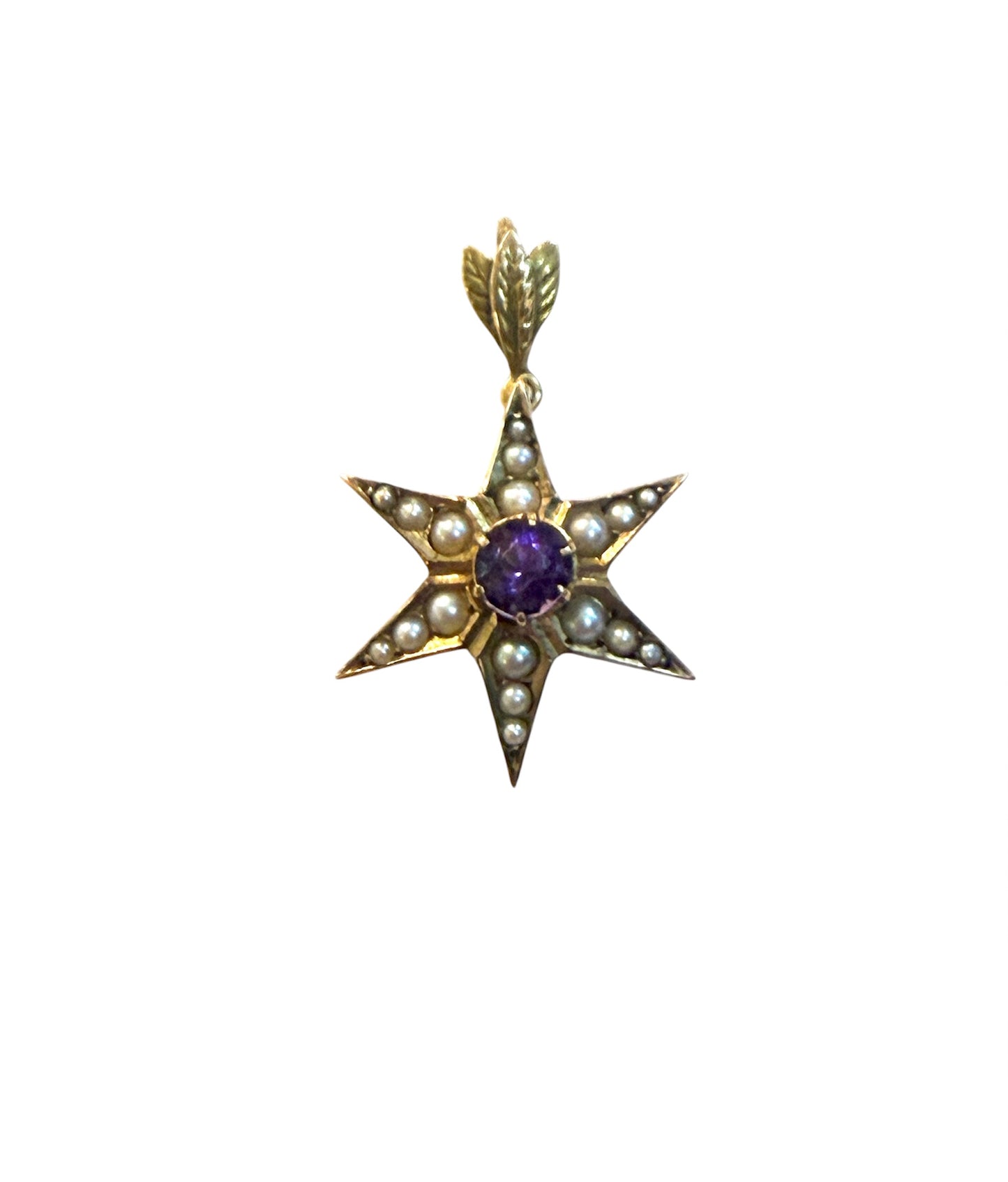 9ct vintage star pendant , with pearls and a central amethyst 3.05g