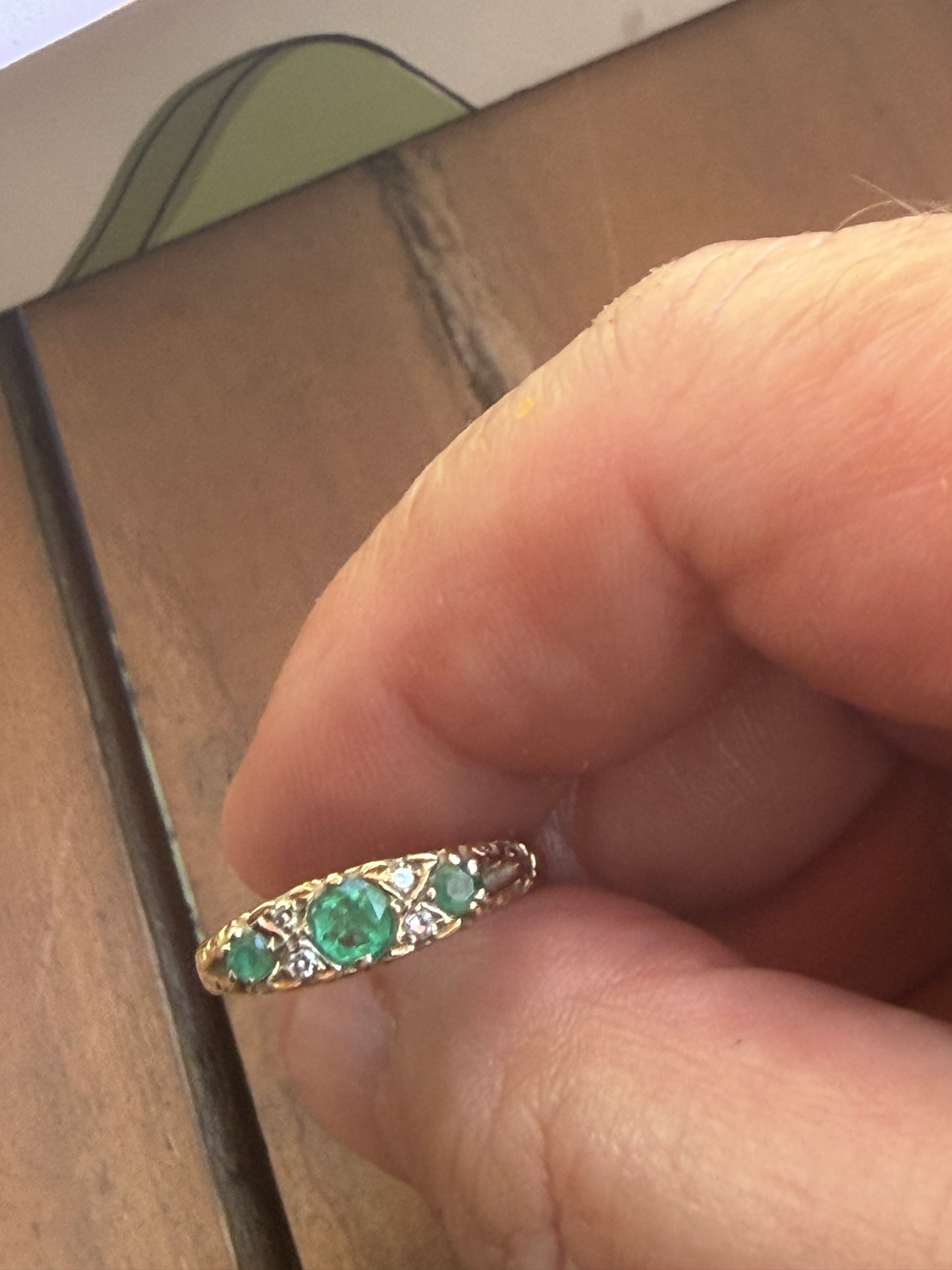 9ct vintage boat shape emerald and diamond ring size L 1/2
