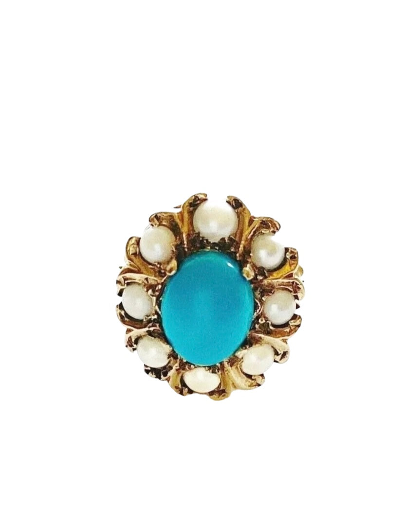 9ct vintage turquoise and pearl cluster ring size I