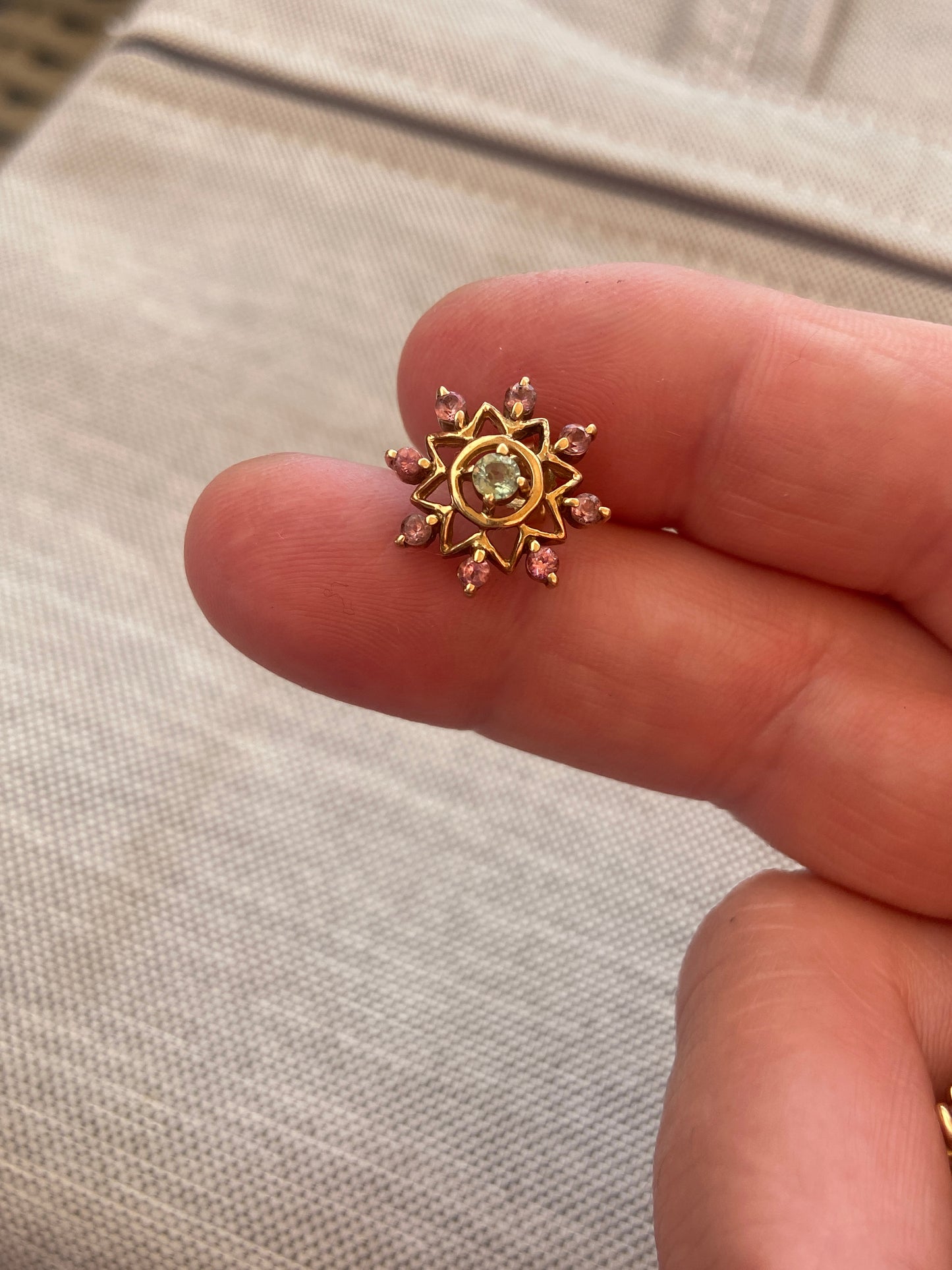 9ct pre owned snow flake design earrings with pink and green tourmaline