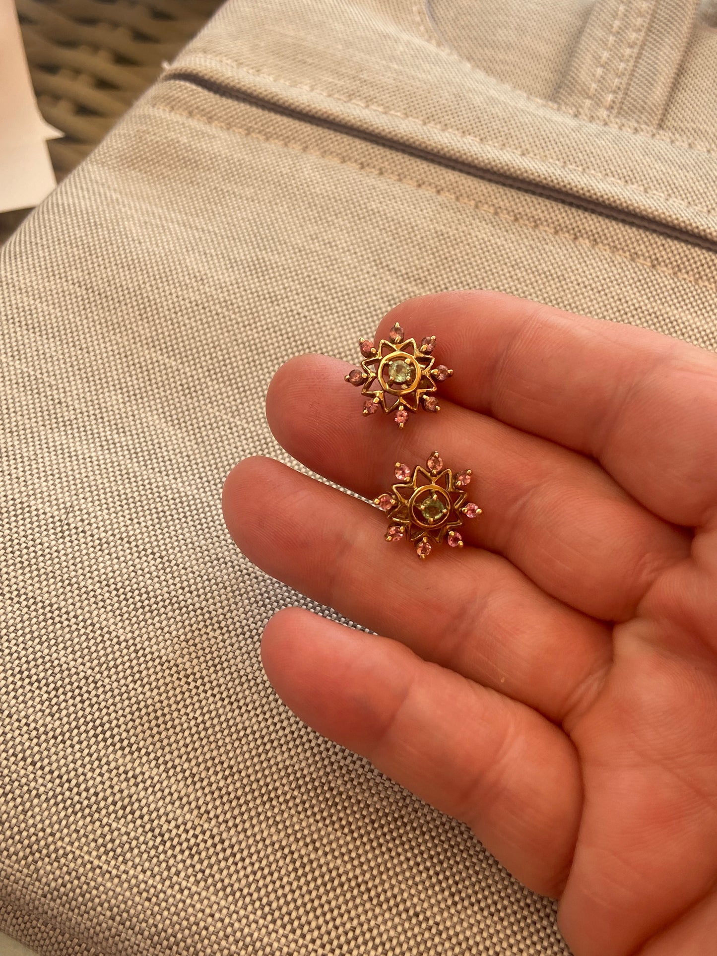9ct pre owned snow flake design earrings with pink and green tourmaline