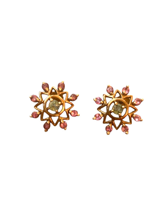 9ct pre owned snow flake design earrings with pink and green tourmaline