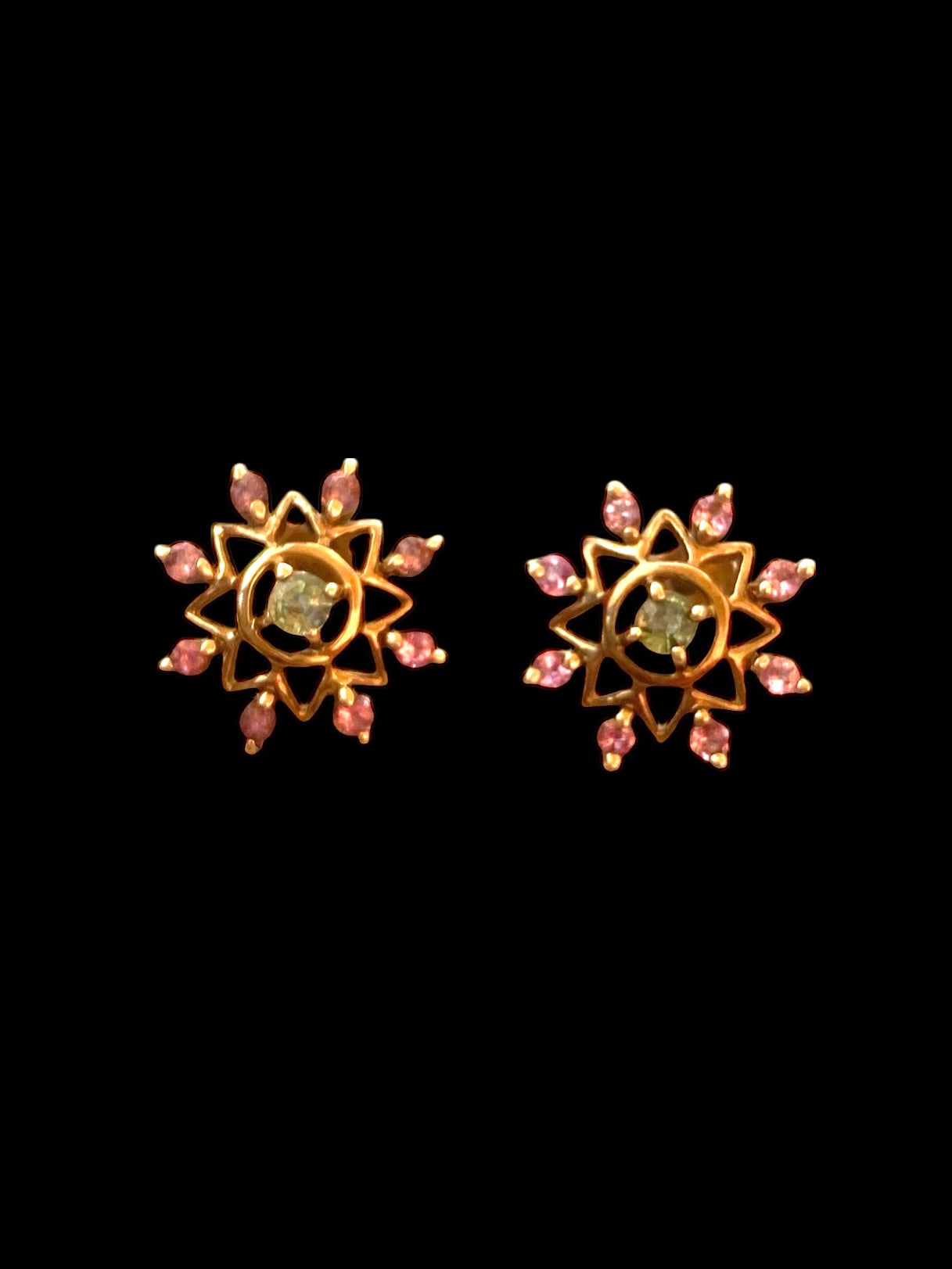 9ct pre owned snow flake design earrings with pink and green tourmaline
