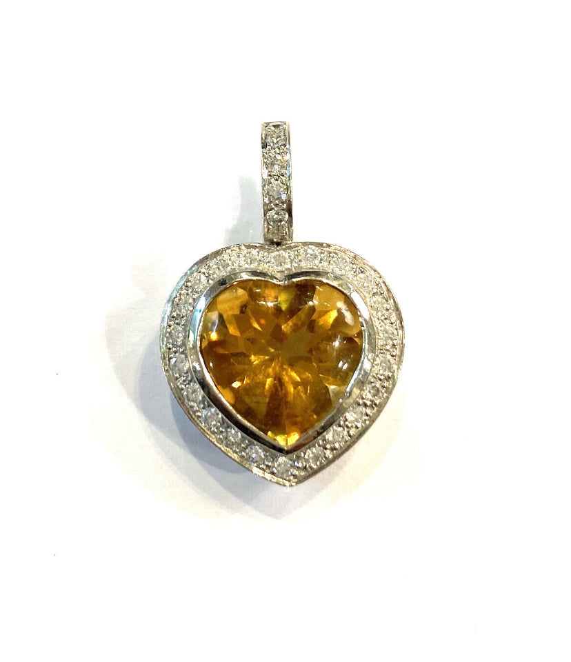 9ct White gold citrine and diamond heart pendant